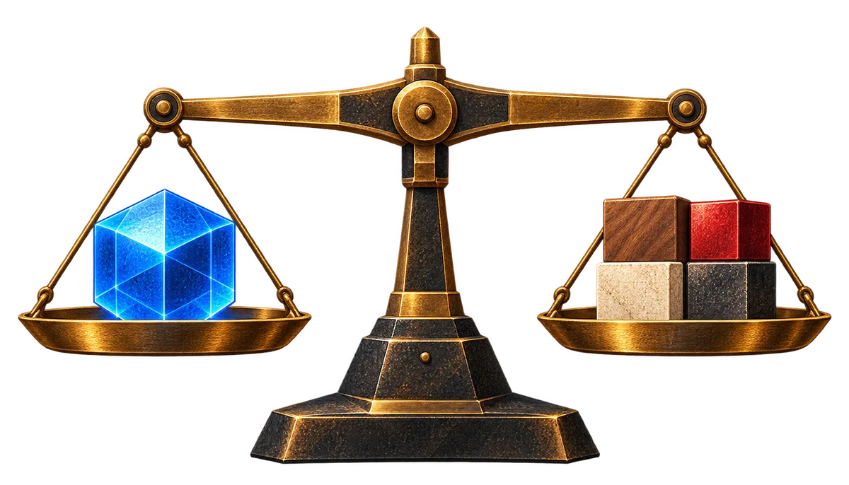A handcrafted balance weighs a cobalt AI core against four organizational readiness elements
