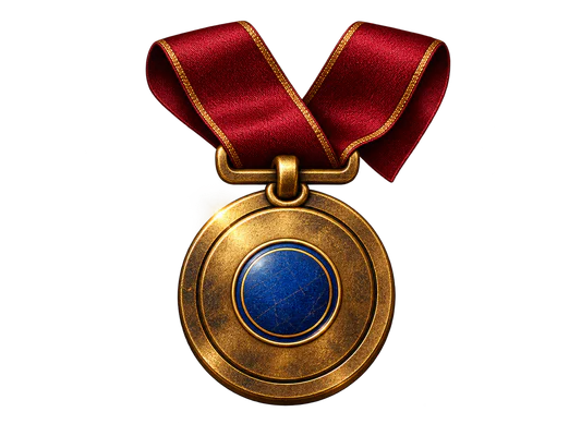 A crafted brass medal with a red ribbon and blue enamel center