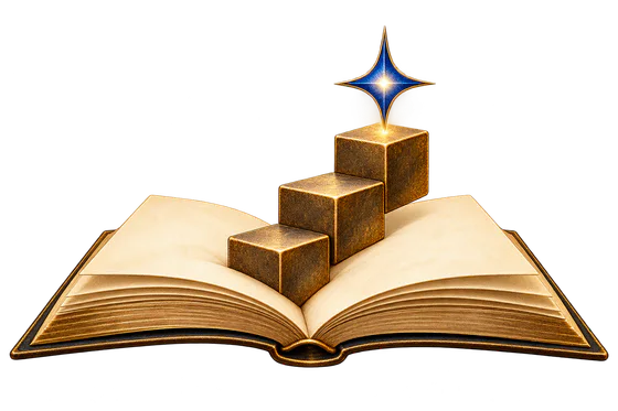An open book with brass steps rising toward a blue spark