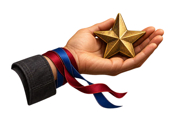 An open hand holding a forged brass star with blue and red ribbons