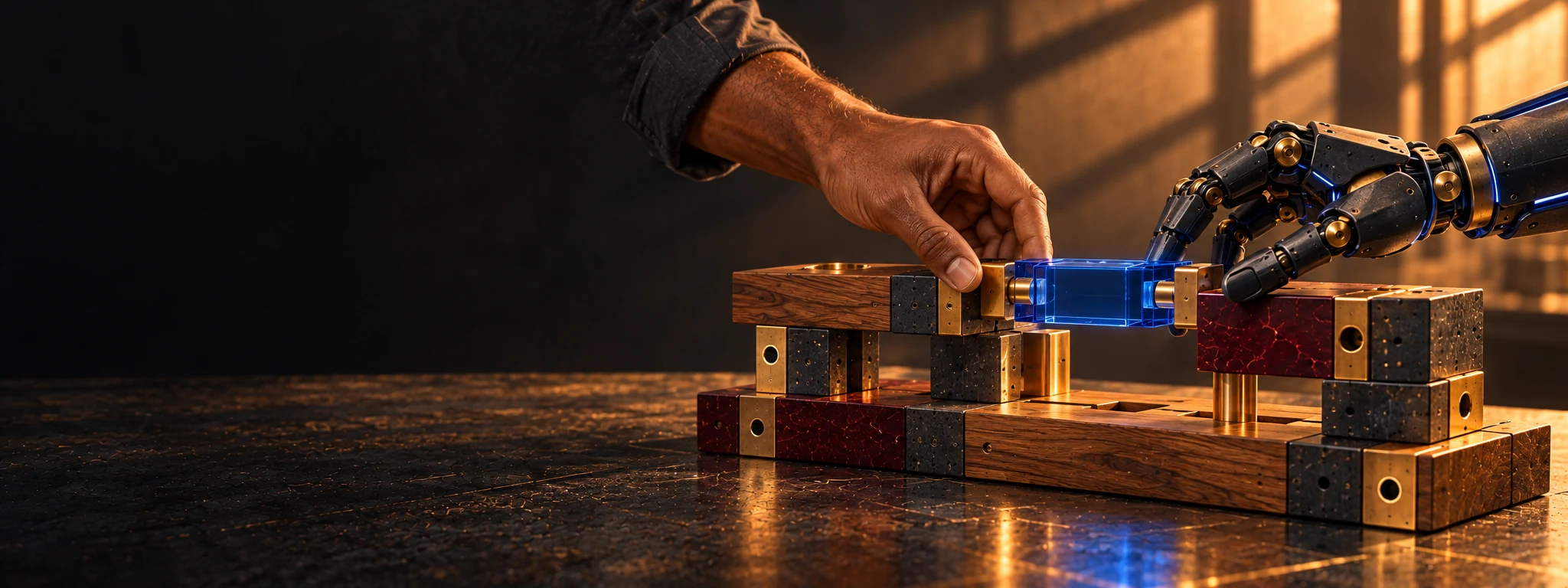A human hand and a mechanical AI hand working together to assemble a modular prototype