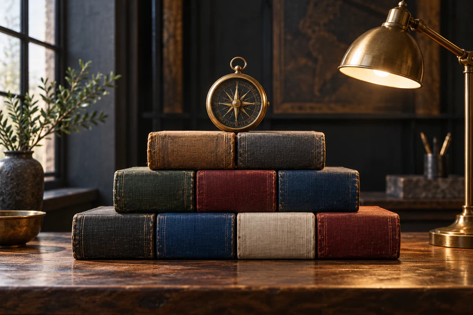 A stack of leadership books connected to practical organizational ideas