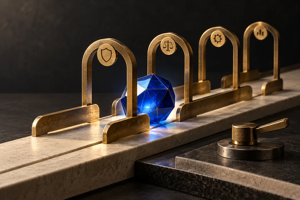 A balanced governance framework surrounding a glowing AI core