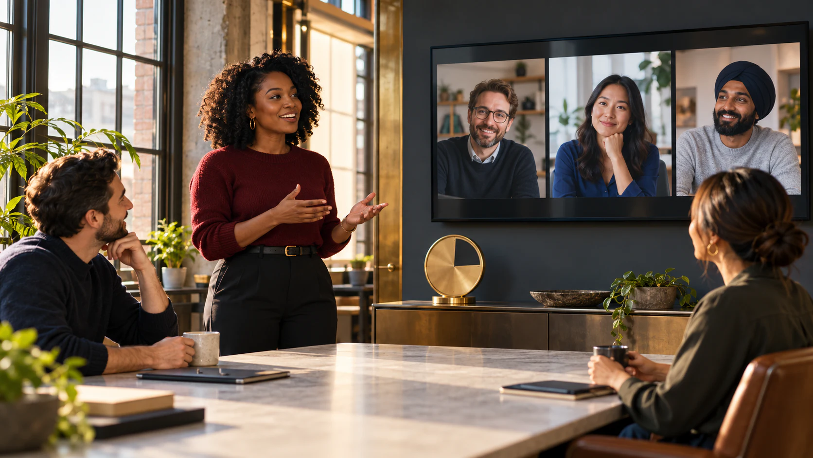 A clock framed by a connected group, representing a focused 15-minute all-hands