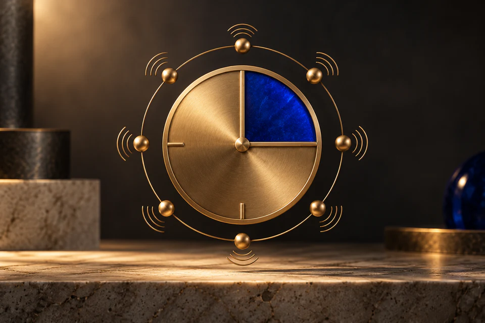 A clock framed by a connected group, representing a focused 15-minute all-hands